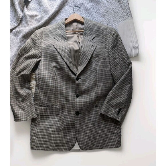 Jacobson's Men's 40 Tan Brown Check Silk Wool 3-Button Blazer Sport Coat Blazer - Picture 1 of 12